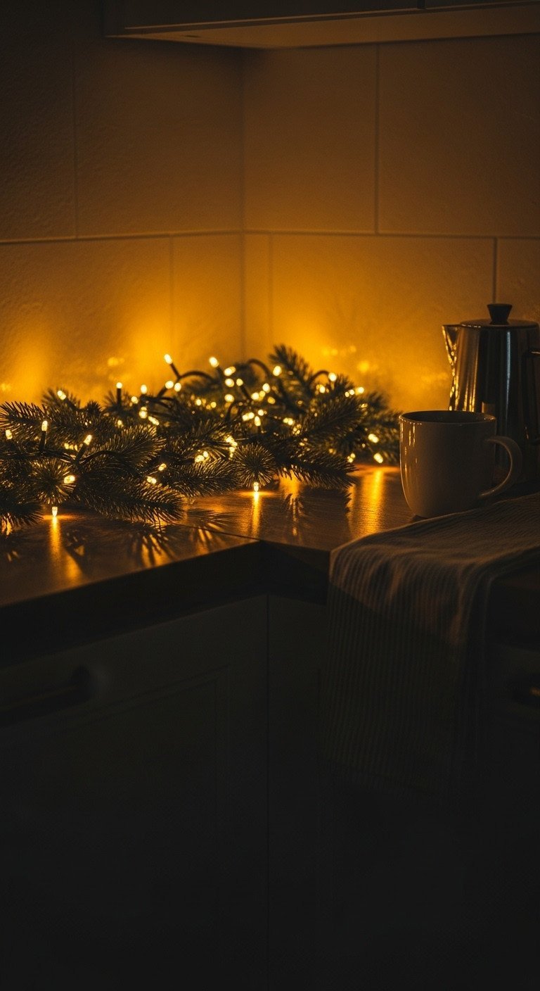 Cozy illuminated Christmas coffee corner decor: warm fairy lights, pine garland on dark wood counter, steaming mug.