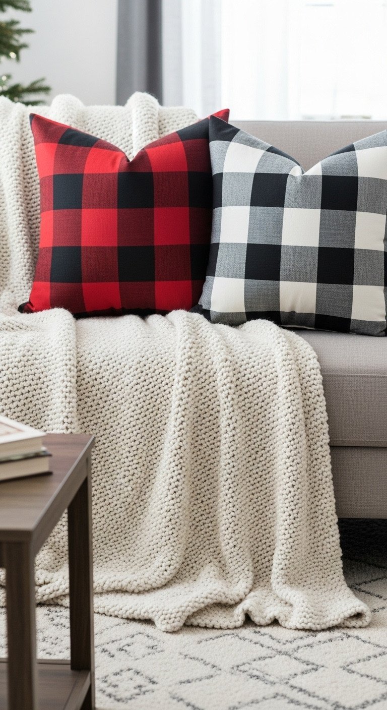 Cozy living room: chunky knit throw blanket, red/black and black/white buffalo plaid pillows on sofa, farmhouse decor.