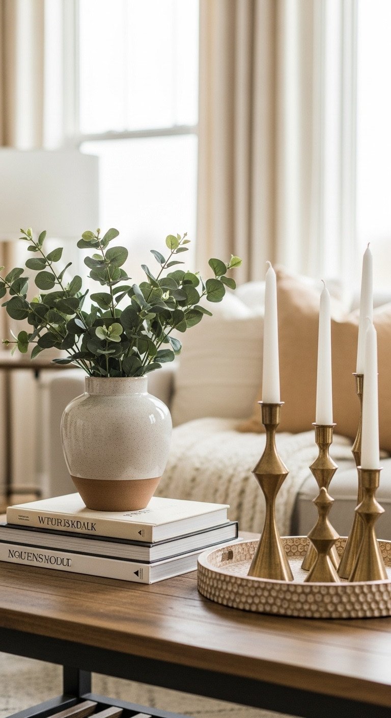 Transform Your Home With 7 Easy Coffee Table Vignettes 1 Cozy living room coffee table decor with oversized books, eucalyptus vase, and brass candle holders on a rustic wooden tray, bathed in soft natural light.