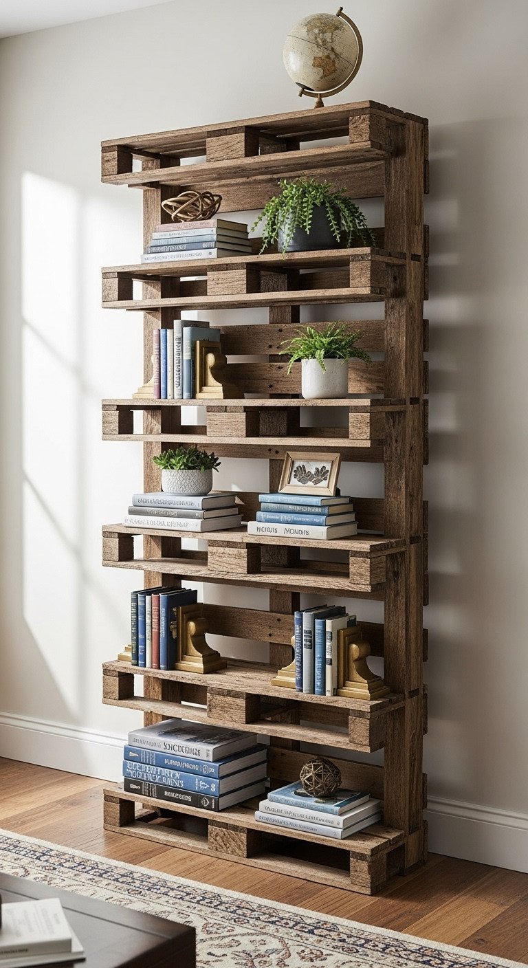 Cozy living room features rustic multi-tiered pallet bookcase, books, plants, and decorative items, on wooden floor.