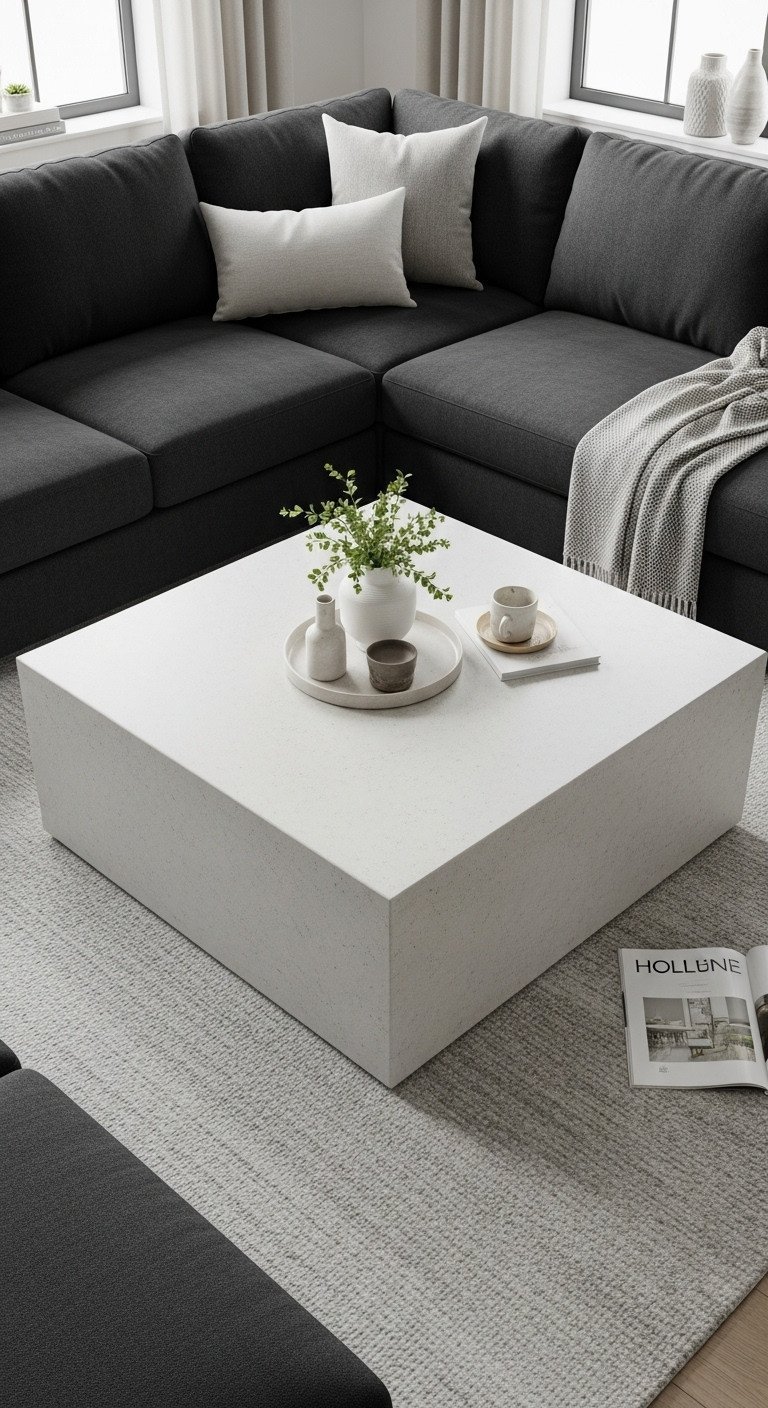 Cozy living room featuring deep charcoal L-shaped sectional and square white marble coffee table with plant and blanket.