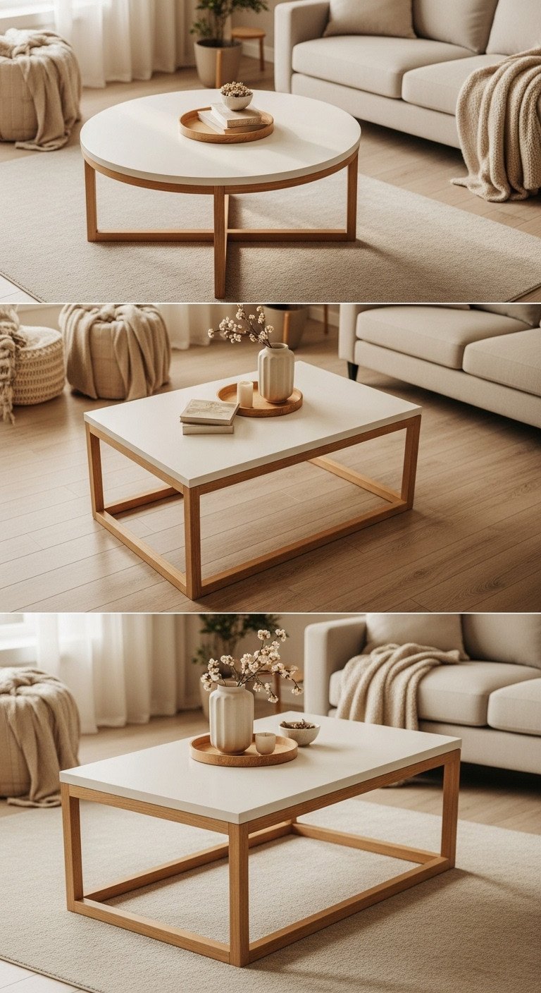 Cozy living room showcasing round, rectangular, and square coffee tables for shape comparison. Warm cream and golden brown tones.