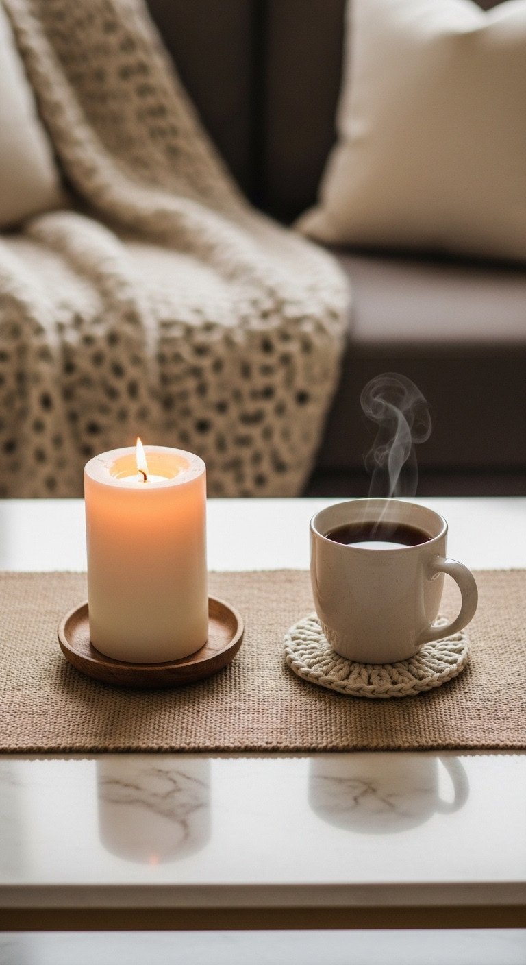 Cozy minimalist Christmas decor: woven runner with pillar candle, knitted coaster, and hot beverage mug on a white marble table.