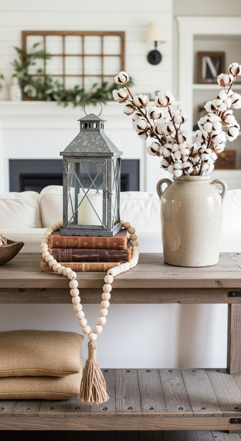 Cozy modern farmhouse living room, rustic wood sofa table, bead garland, antique books, metal lantern, cotton, jute runner, warm creams, grays.