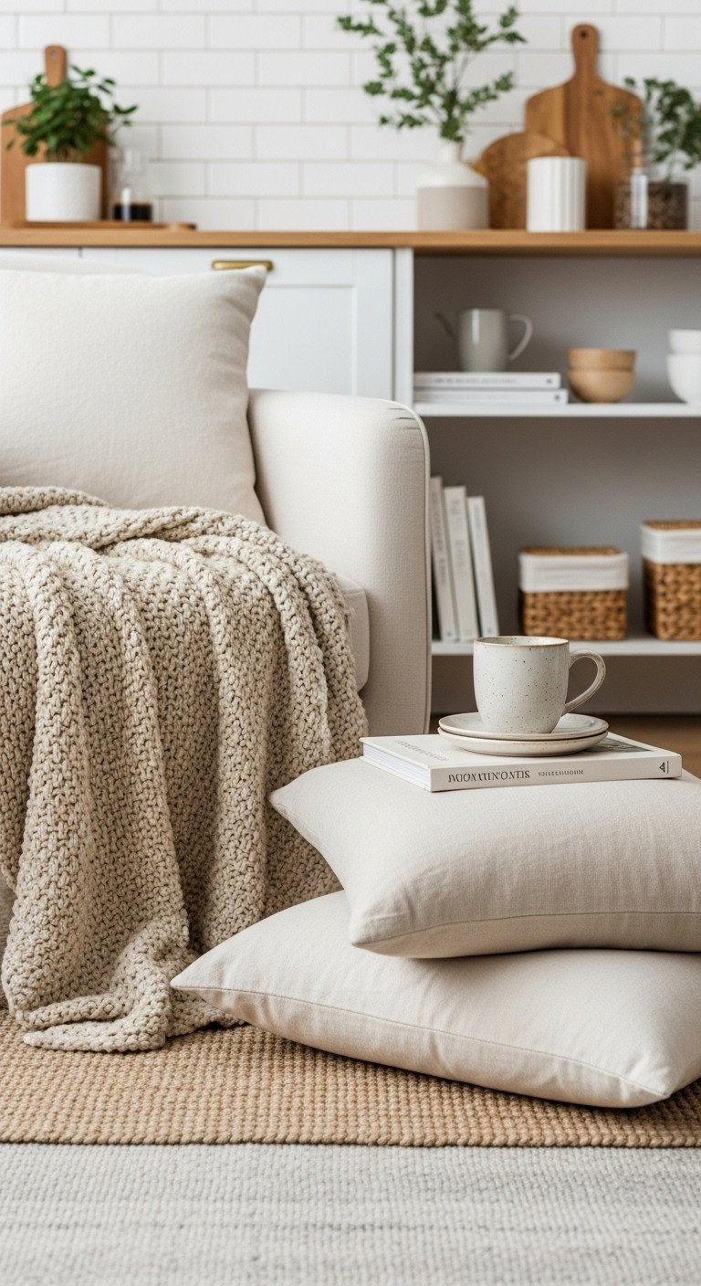 9 Genius Neutral Living Room Decor Ideas To Never Be Boring 1 Cozy neutral reading corner with chunky knit throw, linen pillows, jute rug, and coffee table books. Warm creams & natural woods.