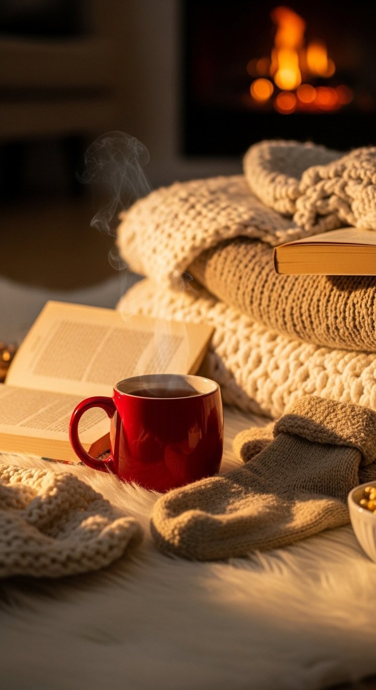 Cozy night in: steaming tea mug, chunky knit blankets, paperback book, fuzzy socks on faux fur rug. Warm winter comfort.