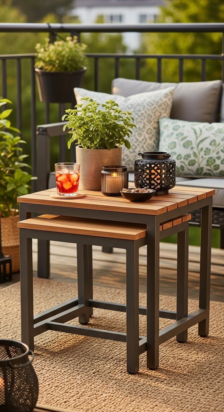 Cozy outdoor patio with durable weather-resistant nesting coffee tables, ideal for flexible entertaining on a balcony.