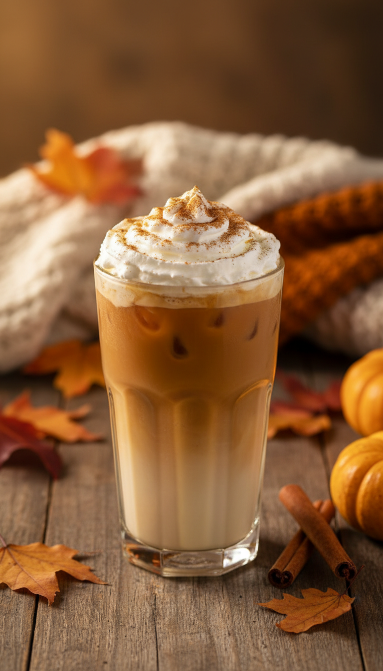 Cozy pumpkin spice keto iced coffee with whipped cream and cinnamon on a rustic table with autumn leaves.