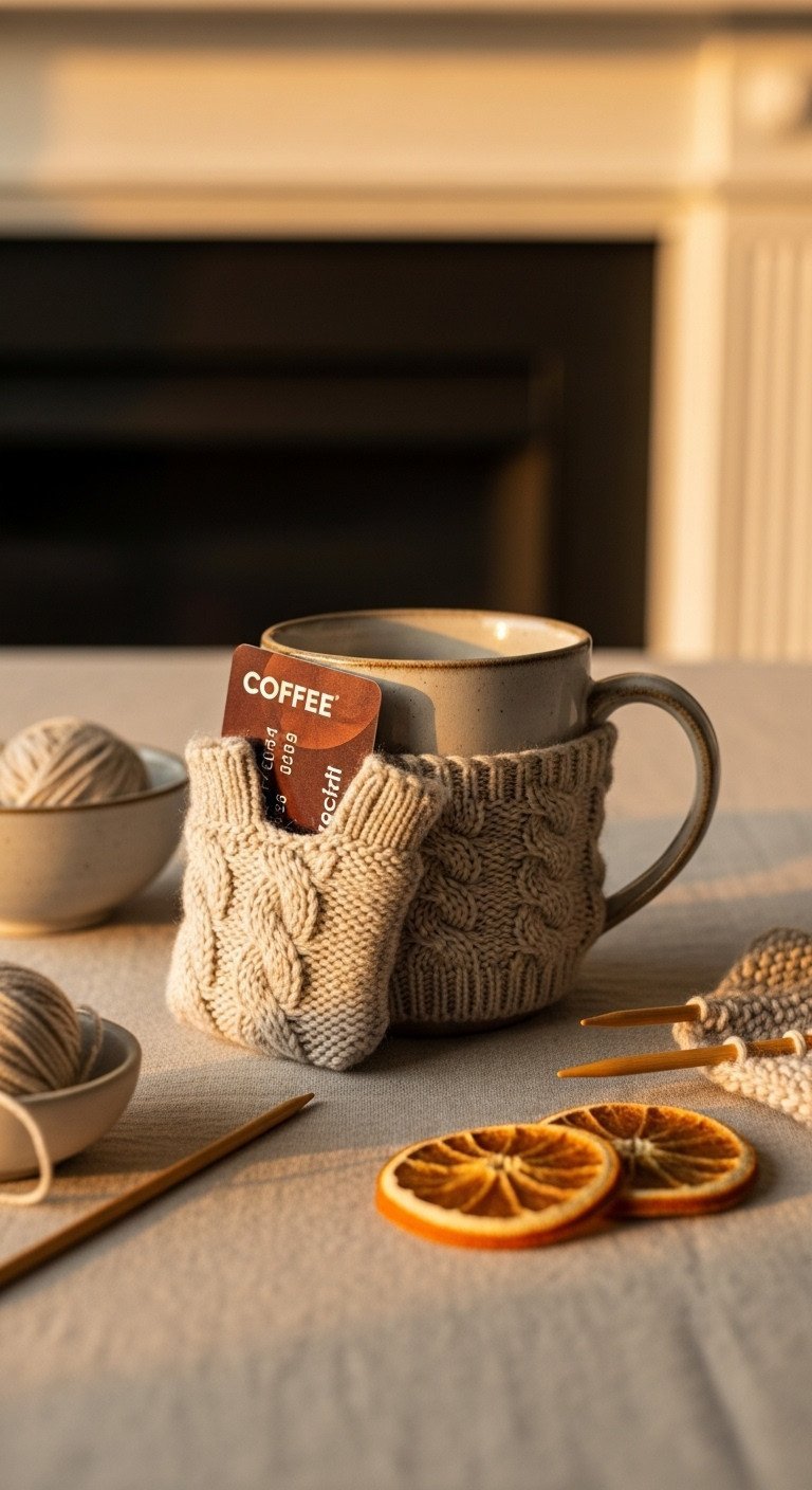 Cozy recycled cable knit sweater cuff gift card holder with a coffee gift card, next to a ceramic mug.