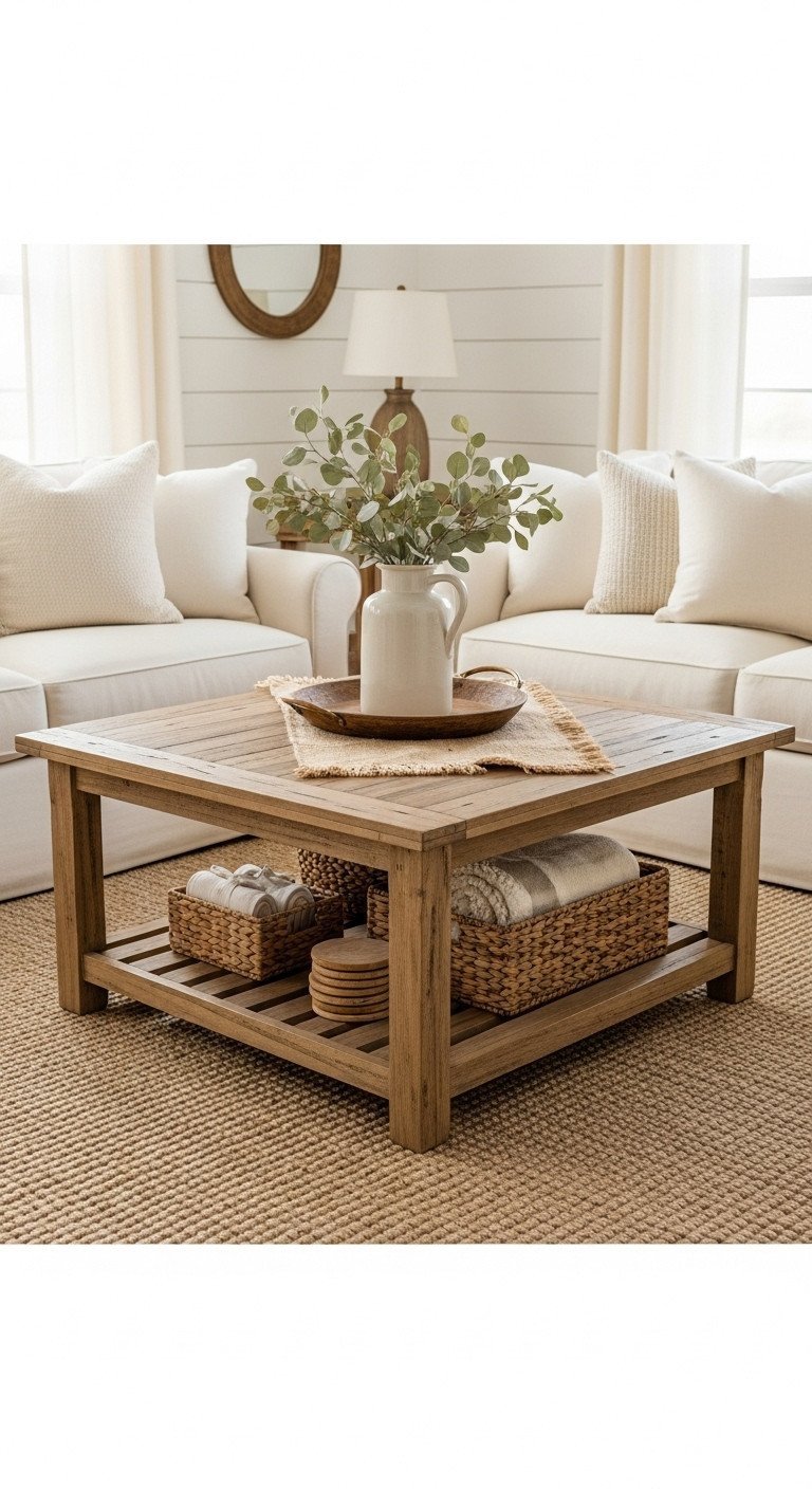 Cozy rustic farmhouse living room features reclaimed wood center table with slatted shelf and jute rug.