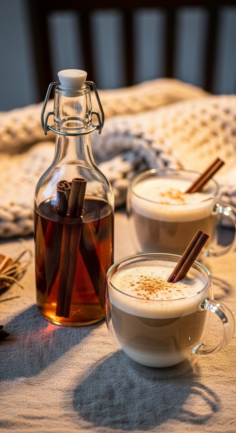 Perfect Homemade Coffee Syrup A Foolproof Recipe Guide 7 Cozy scene with a glass latte and a bottle of homemade cinnamon syrup with cinnamon sticks on a linen tablecloth.