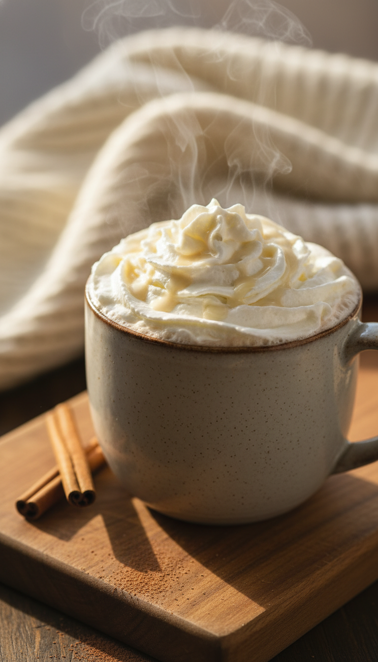 Homemade White Mocha Coffee Syrup: Starbucks Copycat Recipe 9 Cozy steaming white hot chocolate mug topped with whipped cream and mocha sauce drizzle on a wooden board with cinnamon.