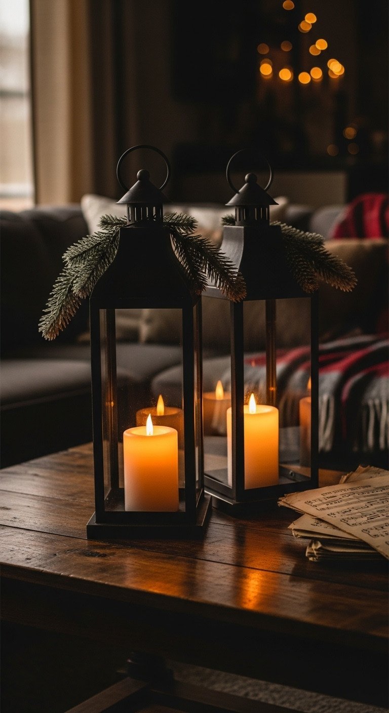 Style Your Coffee Table With 9 Vintage Christmas Decor Hacks 9 Cozy vintage Christmas decor with antique black metal lanterns, flickering LED candles, and frosted greenery on a rustic coffee table.