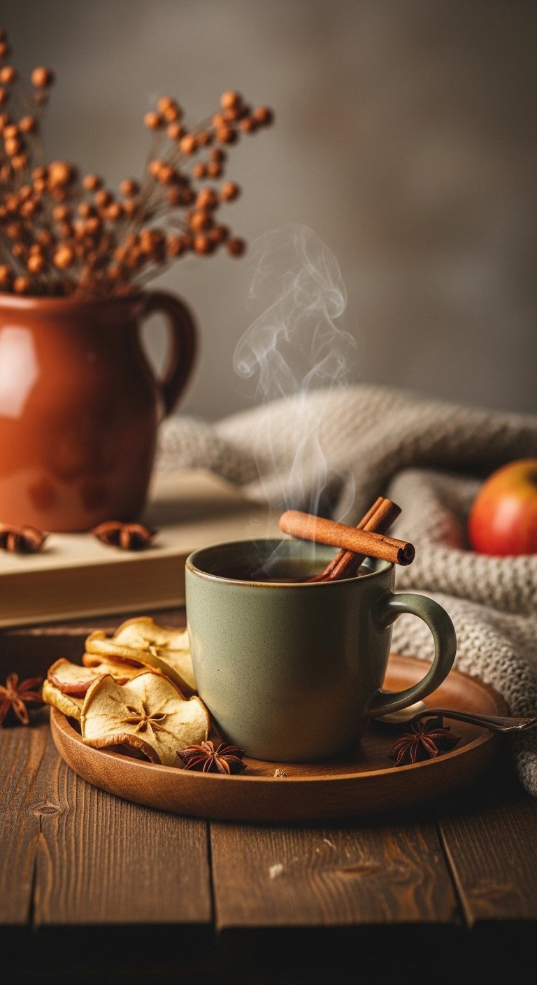 Cozy warm spiced apple green tea in ceramic mug with cinnamon stick, dried apple slices on wooden tray, rustic table.