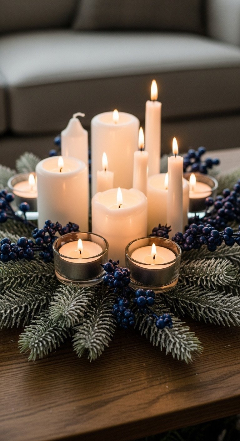 Cozy white votive candles and deep blue berry sprigs with frosty pine needles on a rustic wooden table, warm light.