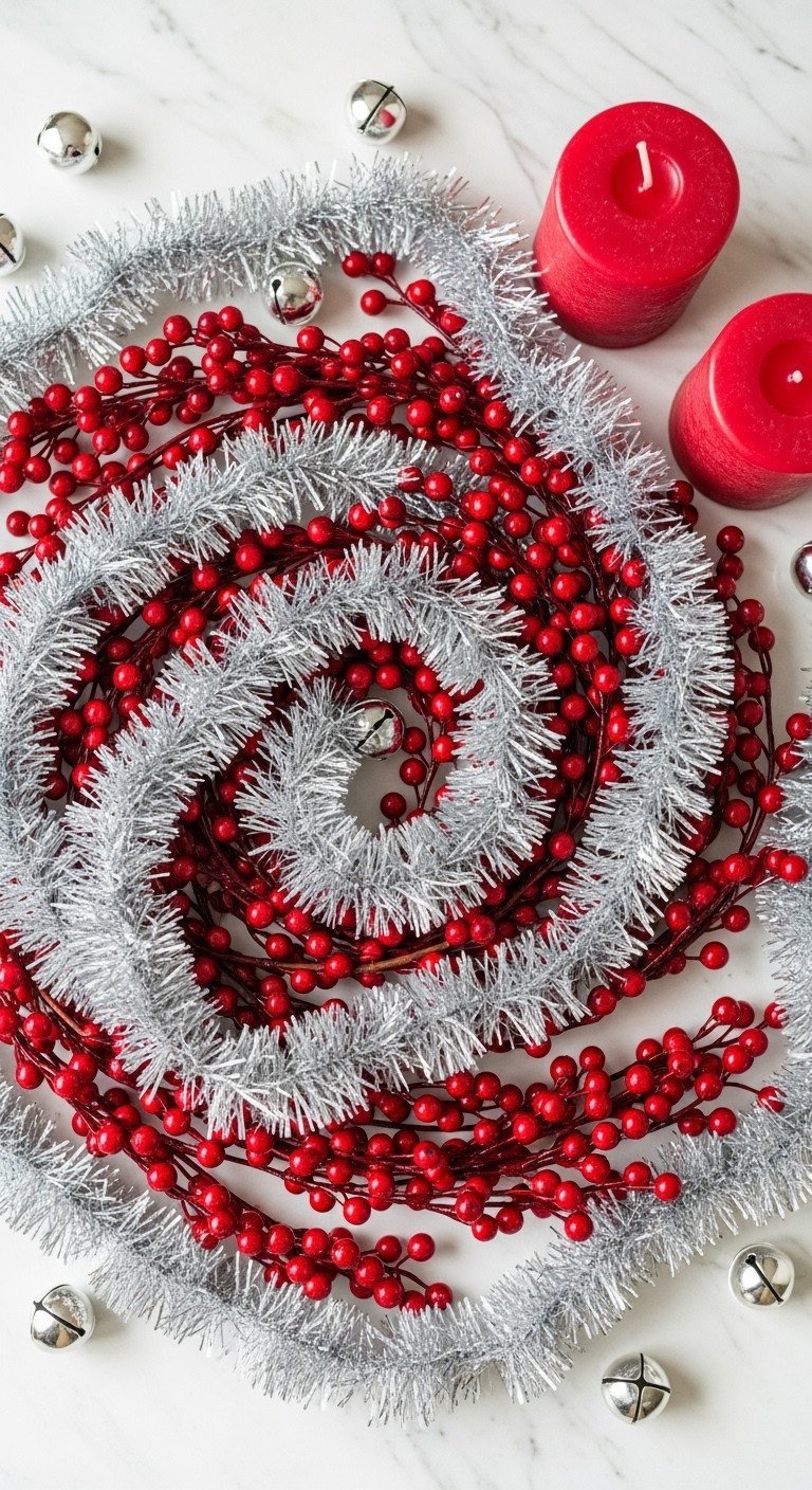 Cranberry berry garland and fluffy silver tinsel on white marble, with red pillar candles and silver bell accents.