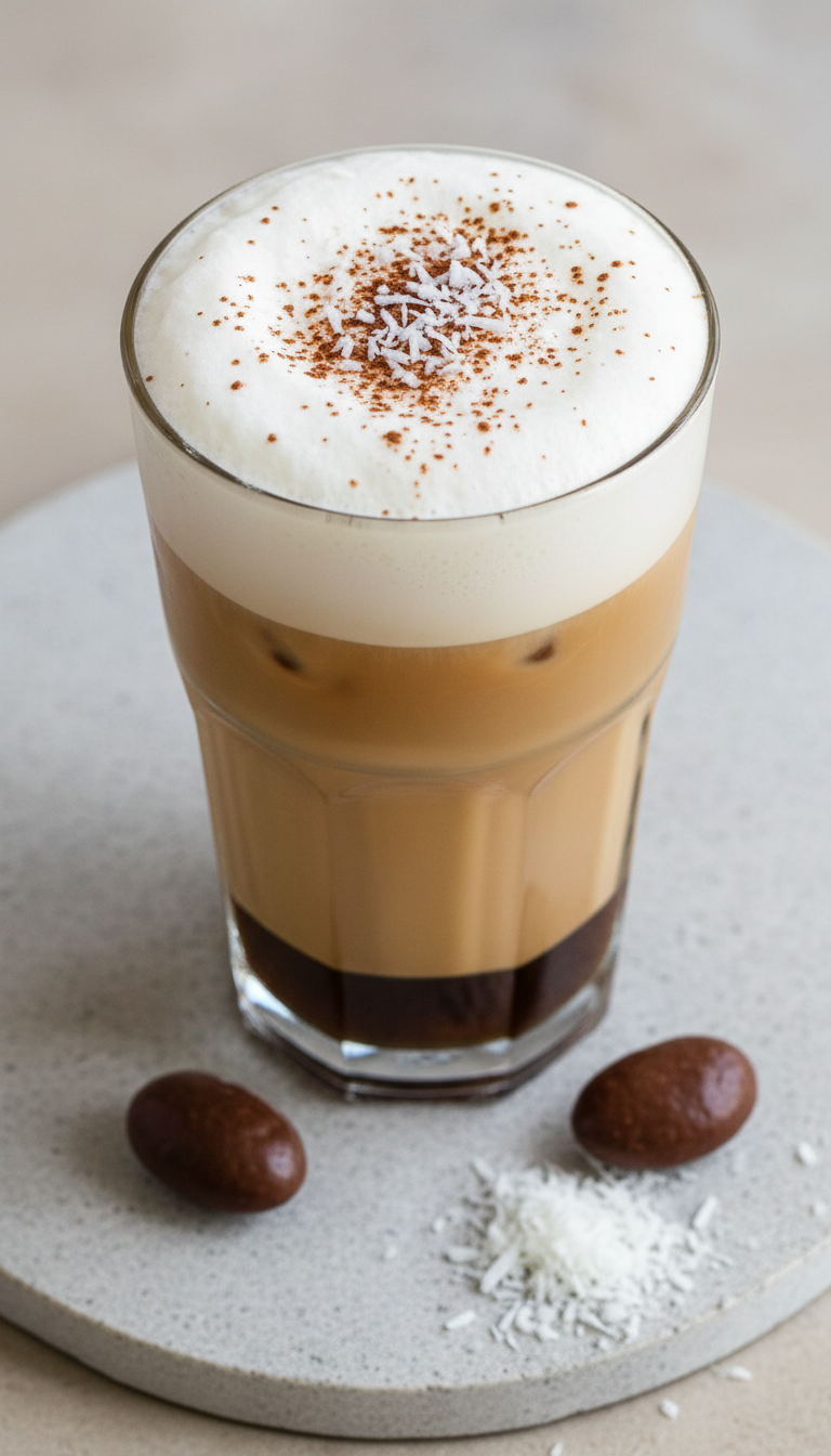 Creamy Almond Joy iced latte with espresso, milk, white foam, cocoa dusting, flaked coconut on gray stone, chocolate almonds.