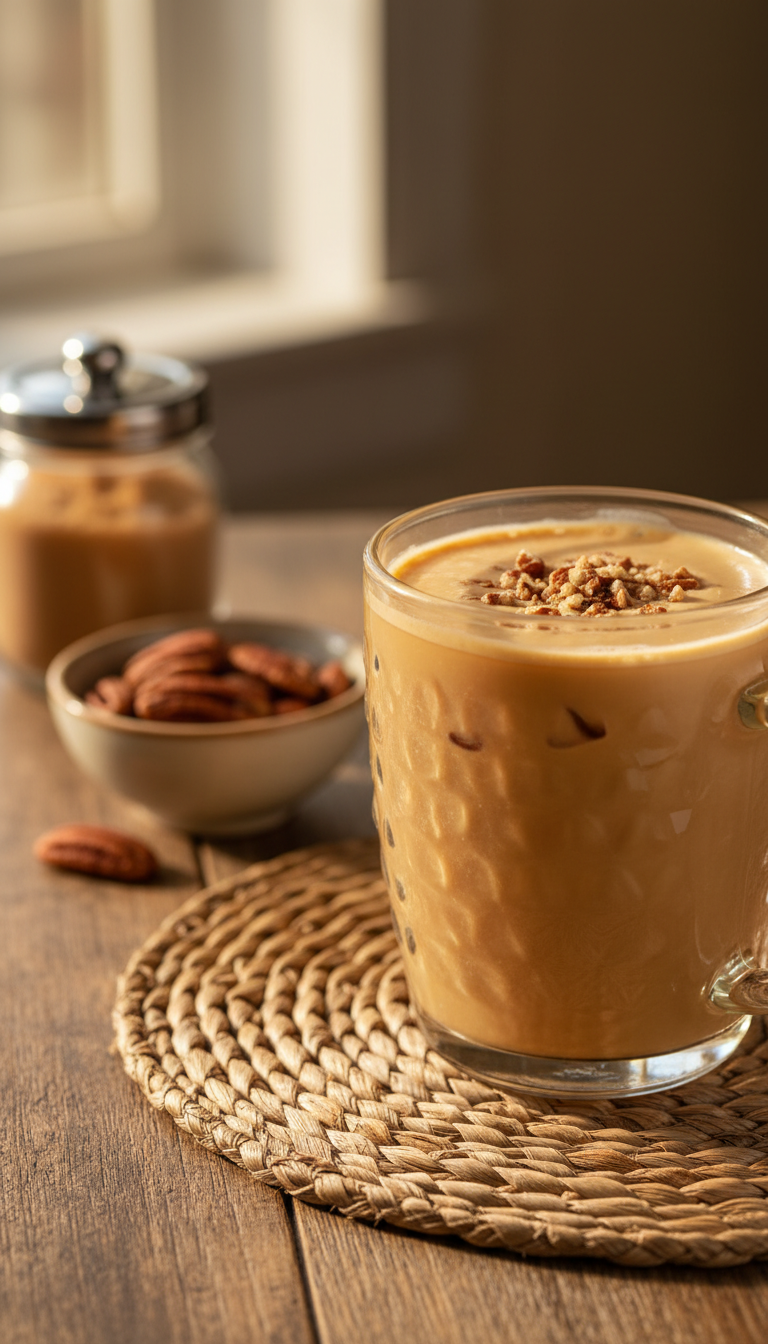 Creamy Butter Pecan iced coffee in a textured mug, garnished with crushed pecans on a woven placemat and wooden table.