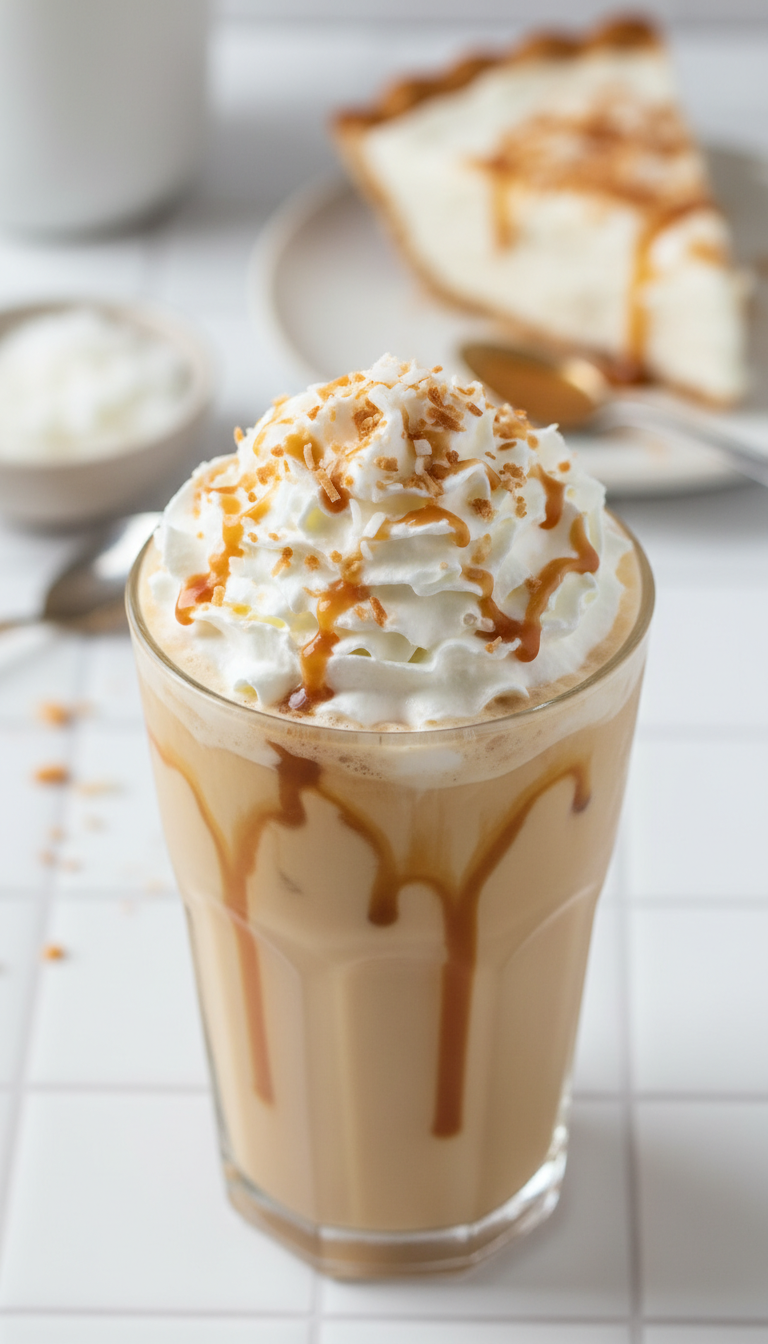 Creamy Caramel Coconut Crème Pie iced coffee, caramel drizzle, thick whipped cream, flaky crust crumbles on white tile.