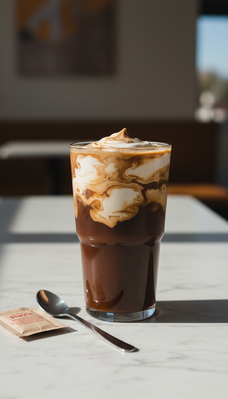 Creamy Dunkin' iced coffee in a reusable tumbler, dark coffee with thick white cream swirl on marble. Stevia packet.