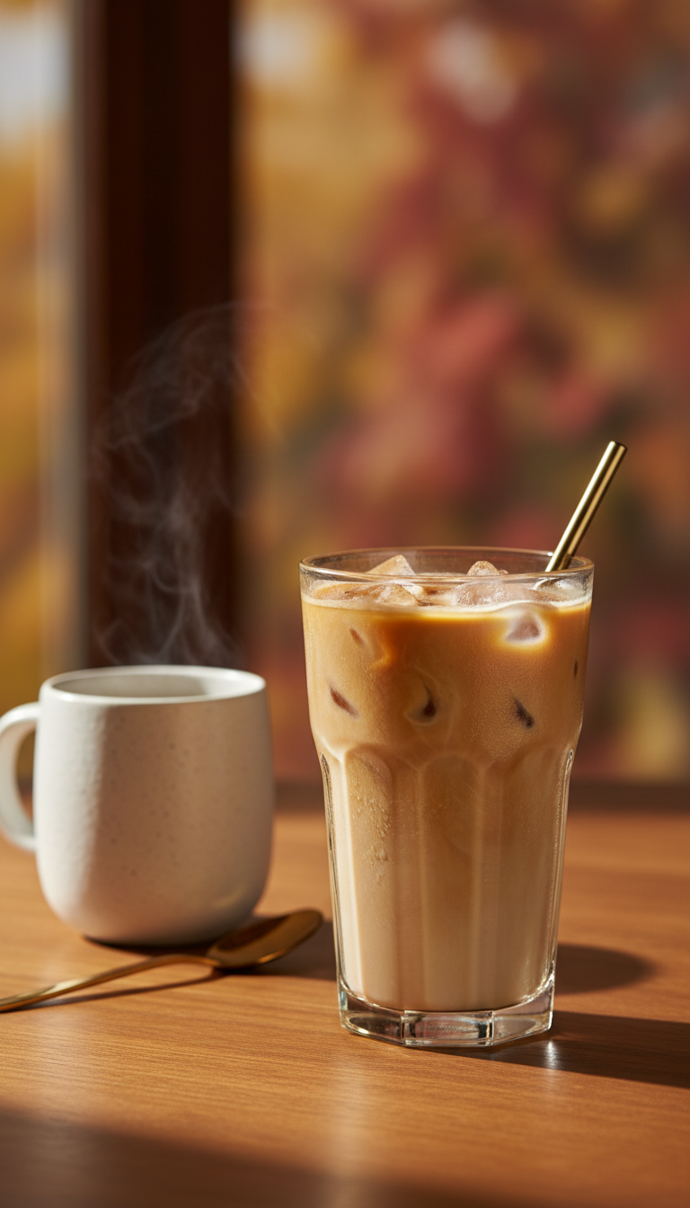 Creamy Dunkin iced coffee with ice on a wooden table, blurred autumn leaves, ceramic mug. Cozy fall coffee moment.