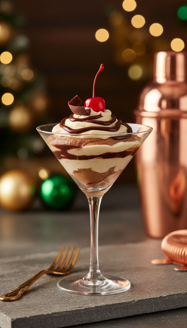 Homemade Irish Cream Coffee Syrup Without Alcohol 13 Creamy Irish cream dessert in a martini glass with festive cherry, on a stone surface with blurred decor.