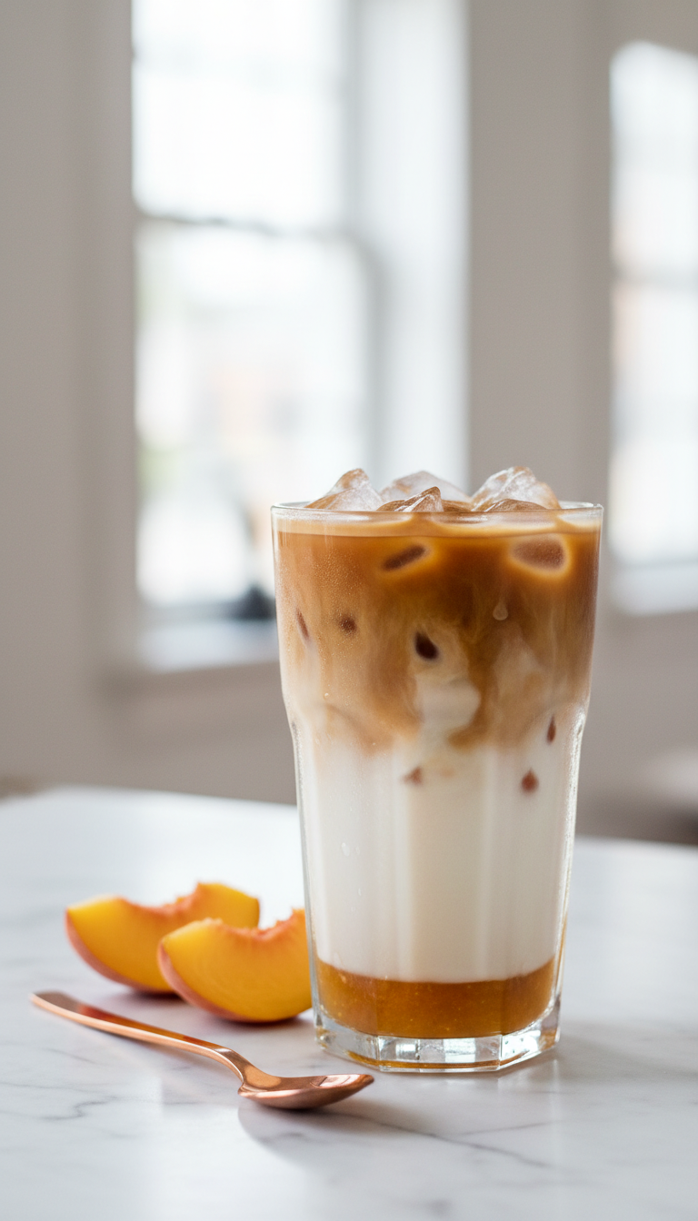 Easy Homemade Peach Coffee Syrup for Perfect Lattes 1 Creamy Peach Iced Latte in a clear glass with espresso swirls, ice, and fresh peach slices on a marble counter. Refreshing summer drink.