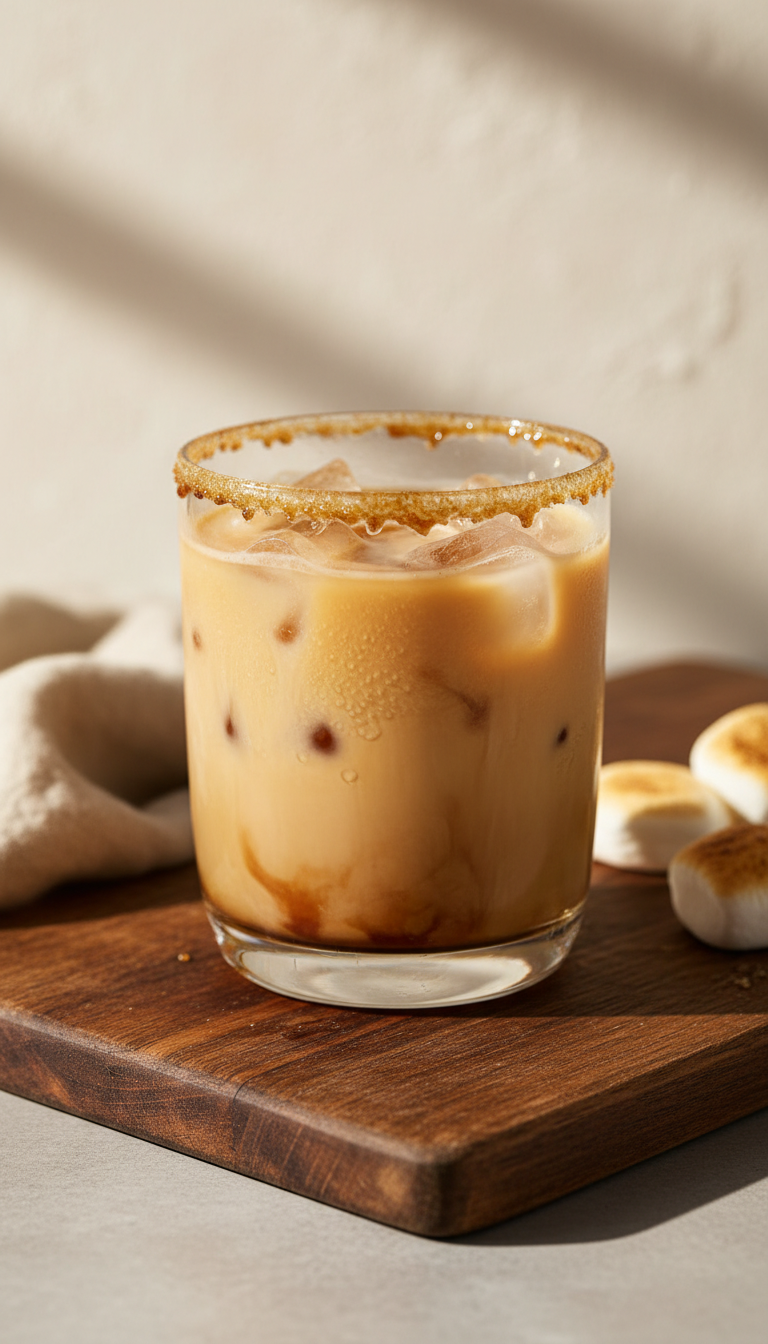 Creamy Toasted French Vanilla iced coffee with caramelized rim, on dark wooden cutting board, warm golden hour light, cozy.