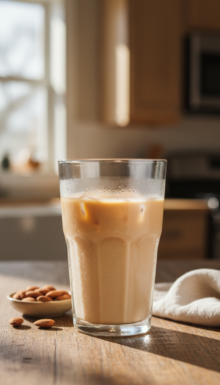 Creamy almond milk iced coffee in a reusable glass tumbler with condensation on rustic wood, blurred kitchen.