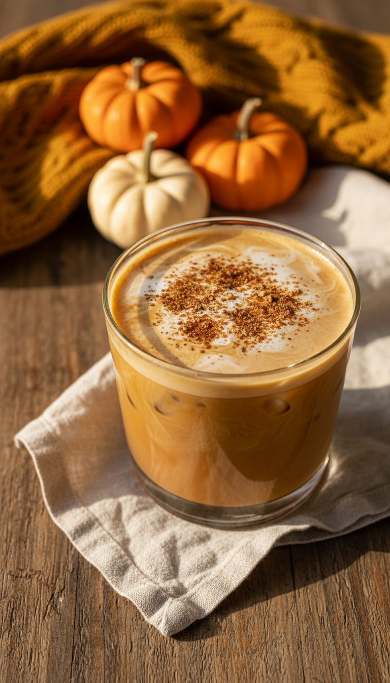 Creamy autumn spiced iced coffee with nutmeg on a rustic wooden table, blurred fall gourds in golden hour light. Cozy seasonal drink.
