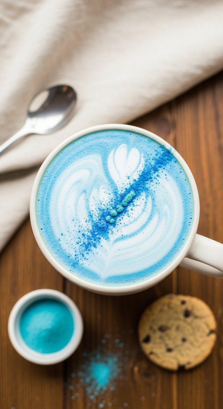 Butterfly Pea Tea Benefits Brewing and Color Change Secrets 6 Creamy baby blue tea latte with intricate foam art in a wide ceramic mug on a rustic table with a cookie, cozy beverage.