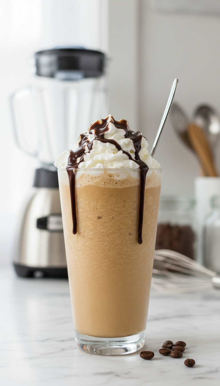 Creamy blended frozen coffee drink with whipped cream, chocolate drizzle, spoon, coffee beans on marble. Vibrant dessert coffee.