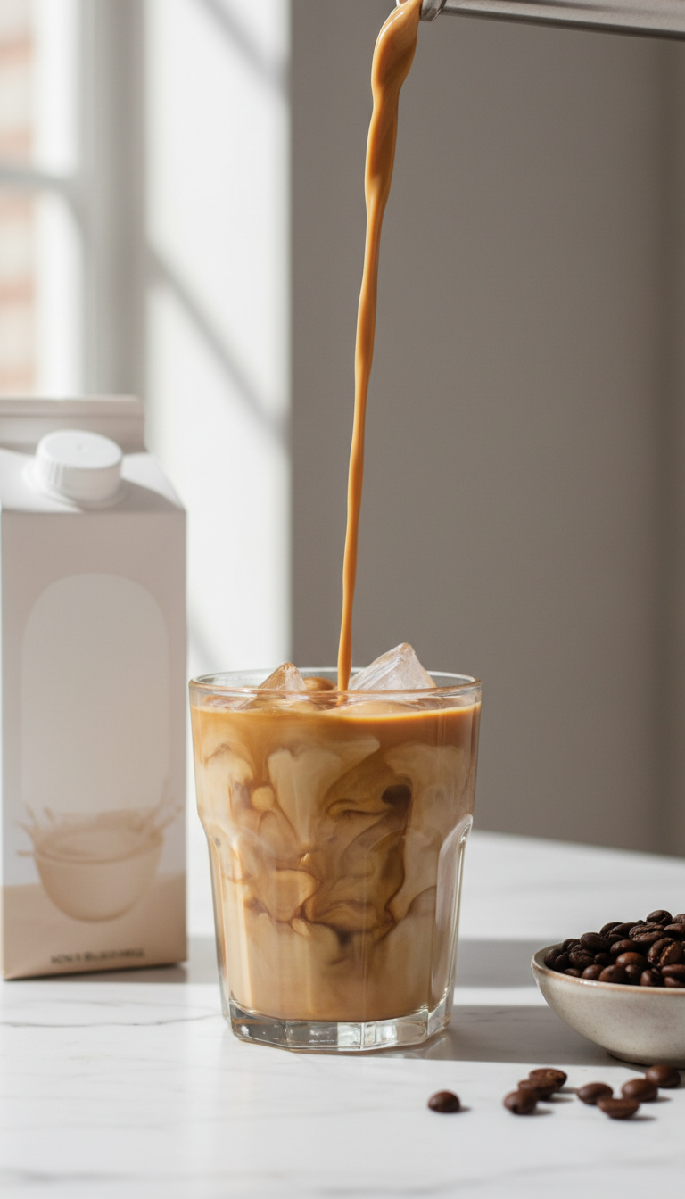 Order Caramel Iced Coffee: Dunkin's 7 Secret Customizations 9 Creamy caramel iced coffee with oat milk pouring over ice in a stylish glass on white marble. Non-dairy plant-based.