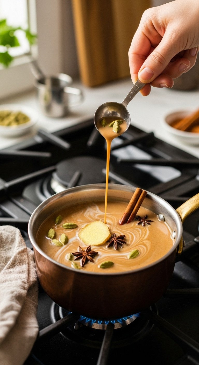 Cardamom Tea Ultimate Recipe Guide 7 Proven Benefits and Flavor Secrets 3 Creamy cardamom milk chai simmers in a copper pot on stovetop with whole spices, ginger, cinnamon, crushed pods.