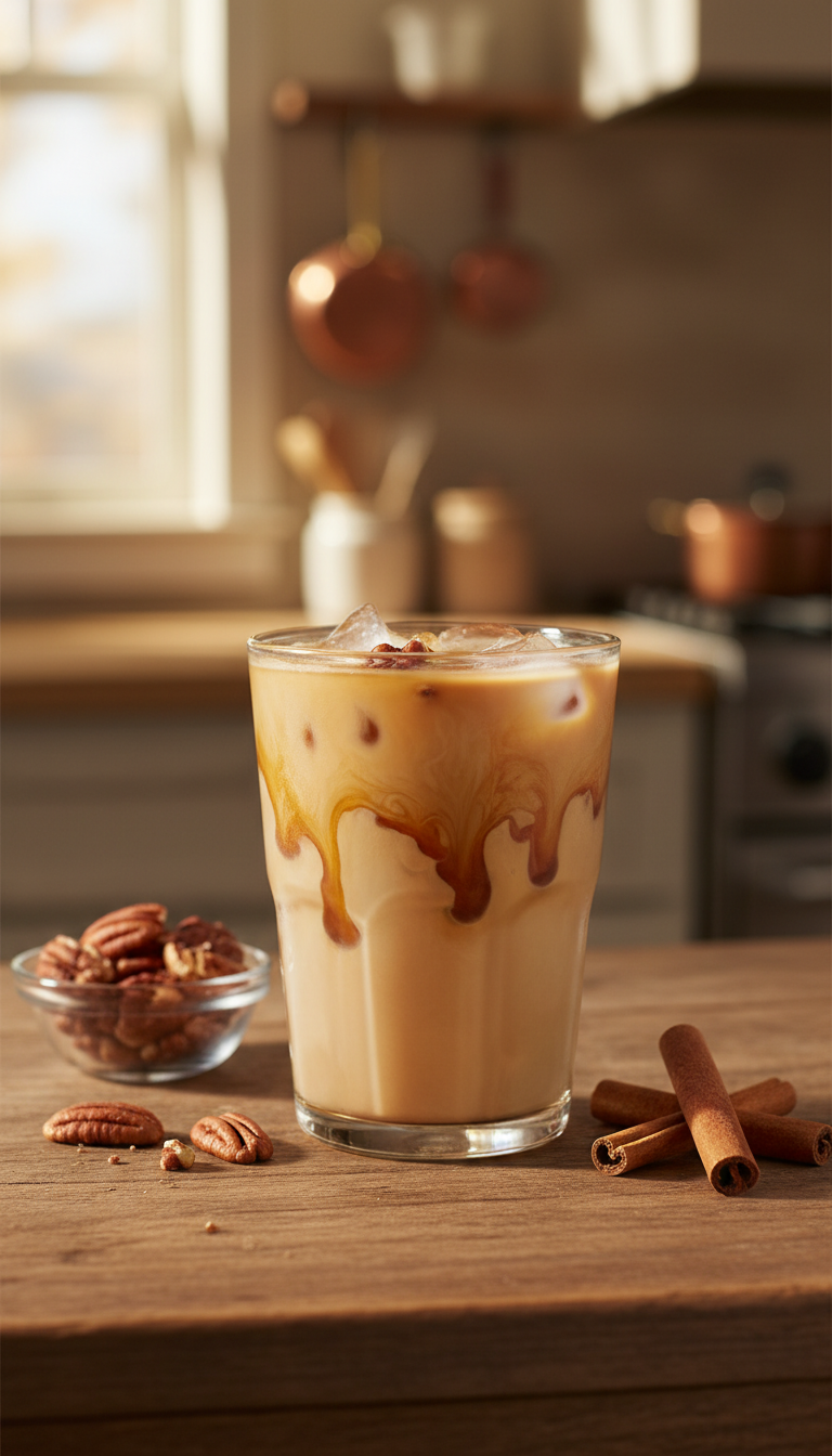 Creamy cinnamon butter pecan swirl iced coffee, rich, nutty, ice, pecans, cinnamon sticks on rustic wood counter.