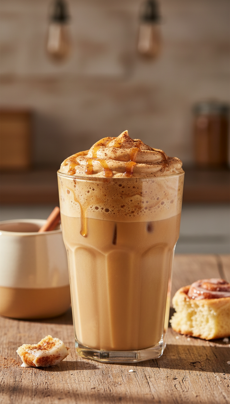 Creamy cinnamon roll iced coffee, brown sugar cold foam, caramel, cinnamon dust, ceramic mug, wood table, cozy kitchen.