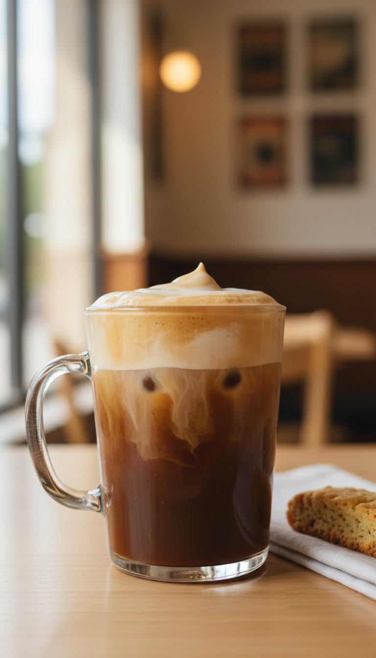 Dunkin' Sugar Free Iced Coffee: 11 Best Healthy Orders 11 Creamy classic vanilla iced coffee in an elegant glass mug with foam on a wooden table, cafe interior.