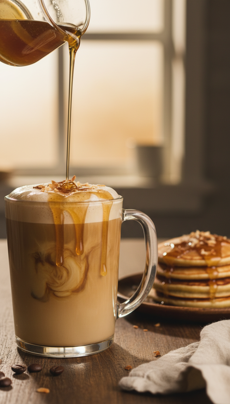 Homemade Toasted Coconut Coffee Syrup: Easy Recipe 13 Creamy coffee drizzled with toasted coconut syrup, with pancakes topped with syrup and coffee beans on a wooden table.