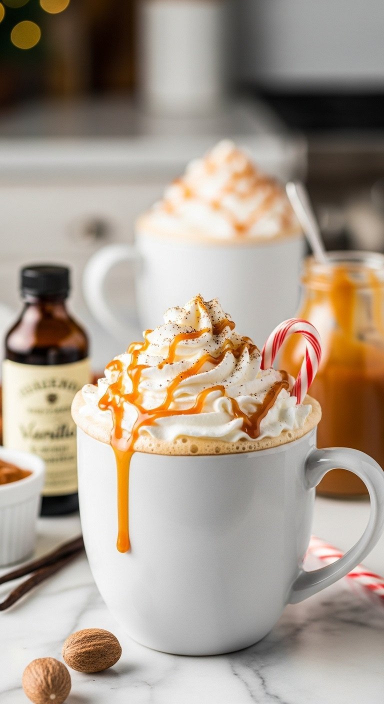 7 Best Christmas Coffee Blends & Easy DIY Recipes 11 Creamy coffee latte with whipped cream, caramel, vanilla syrup, nutmeg, and candy cane in a mug on a marble counter.
