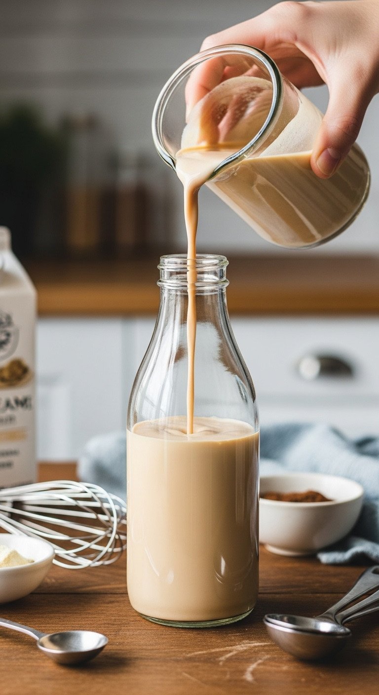 7 Essential Coffee Liqueur Hacks for Better Cocktails 15 Creamy coffee liqueur, resembling Irish cream, poured into an elegant bottle on a rustic kitchen table.
