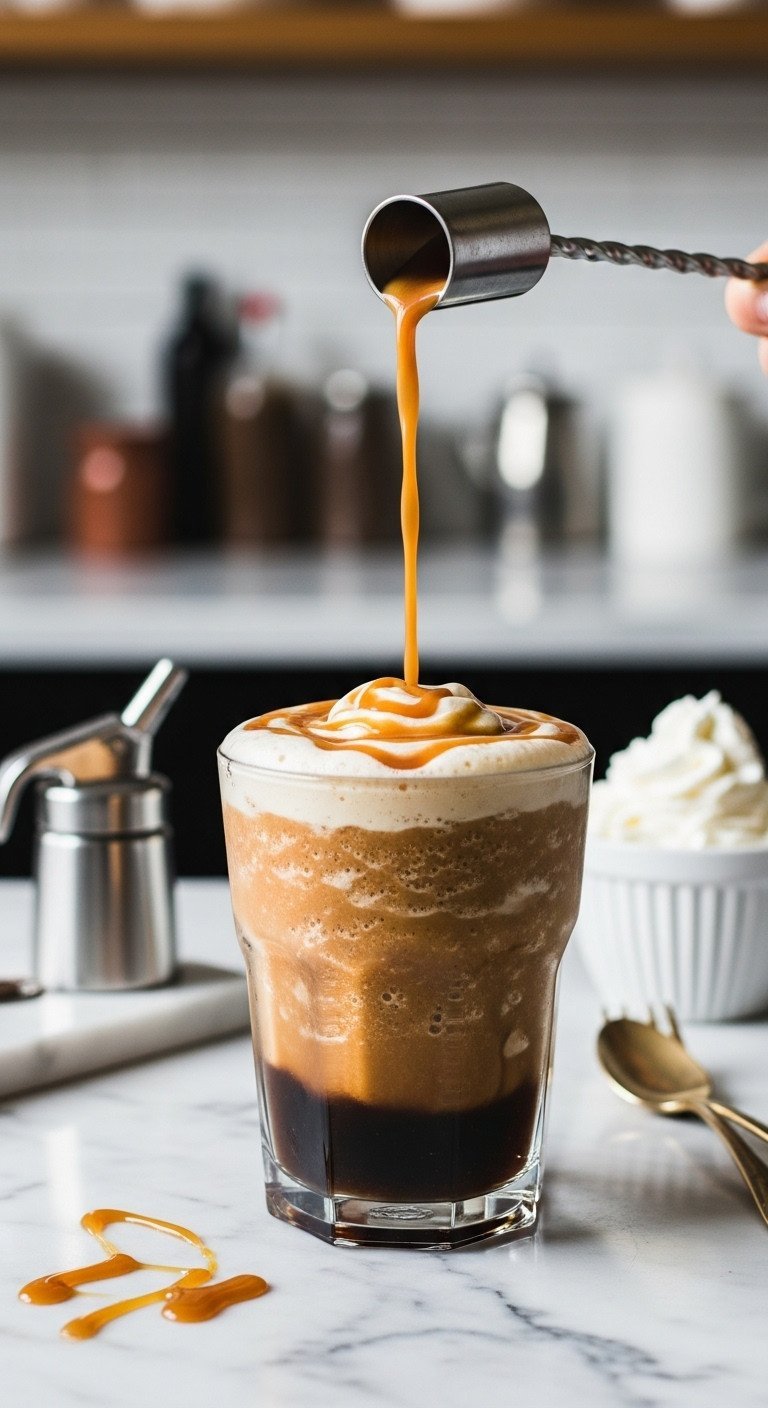 Cold Brew Coffee Master Guide To Smooth Low Acid Ratio Secrets 21 Creamy cold brew frappe with thick cascade effect, topped with light foam and caramel drizzle on a marble countertop.