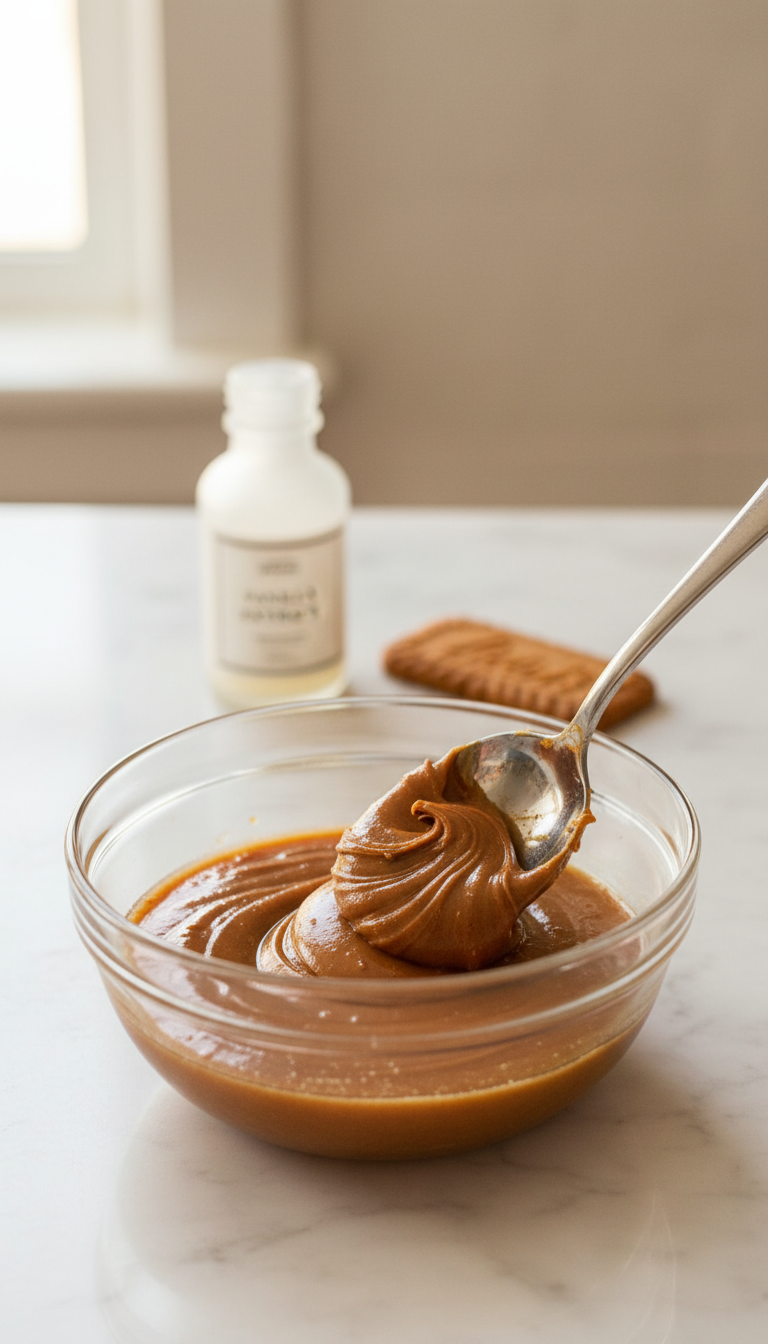 Homemade Cookie Butter Syrup: Easy Cafe-Style Recipe 3 Creamy cookie butter stirred into warm simple syrup in glass bowl. Soft window light on white marble, highlighting flavor infusion.
