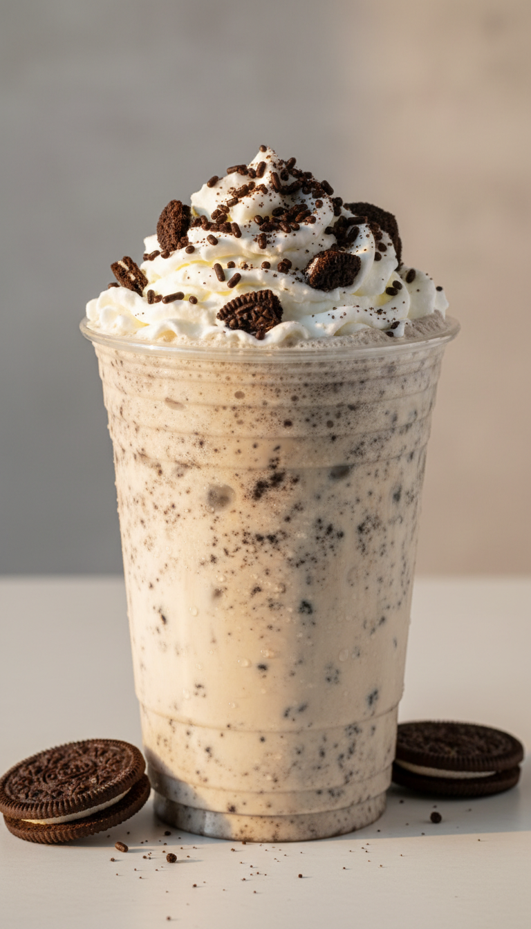 Dunkin Iced Coffee Ideas 7 Must Try Custom Drinks 9 Creamy cookie iced coffee with whipped cream and chocolate sprinkles in a plastic cup, on white, with cookies.