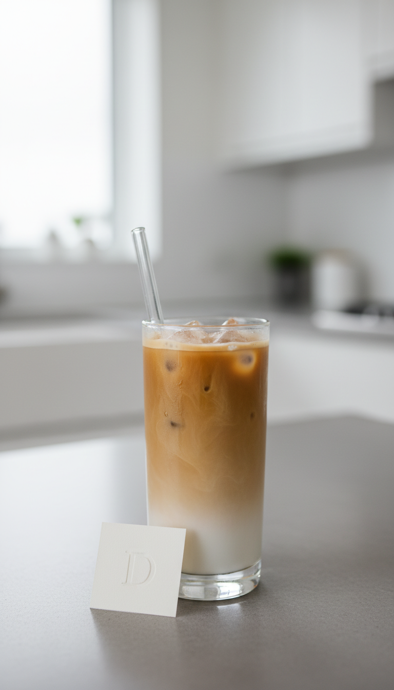 Dunkin Iced Coffee Espresso: Master Your Custom Order 15 Creamy decaf iced espresso in a glass cup on a grey stone counter with a subtle 'D' card, minimalist kitchen backdrop.