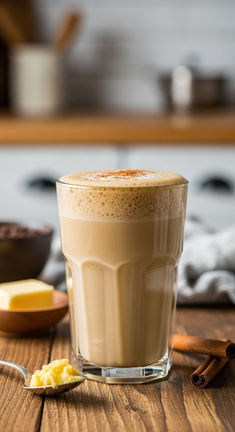 Creamy frothed keto butter coffee in a tall glass on a rustic wooden table with cinnamon stick, golden hour light.