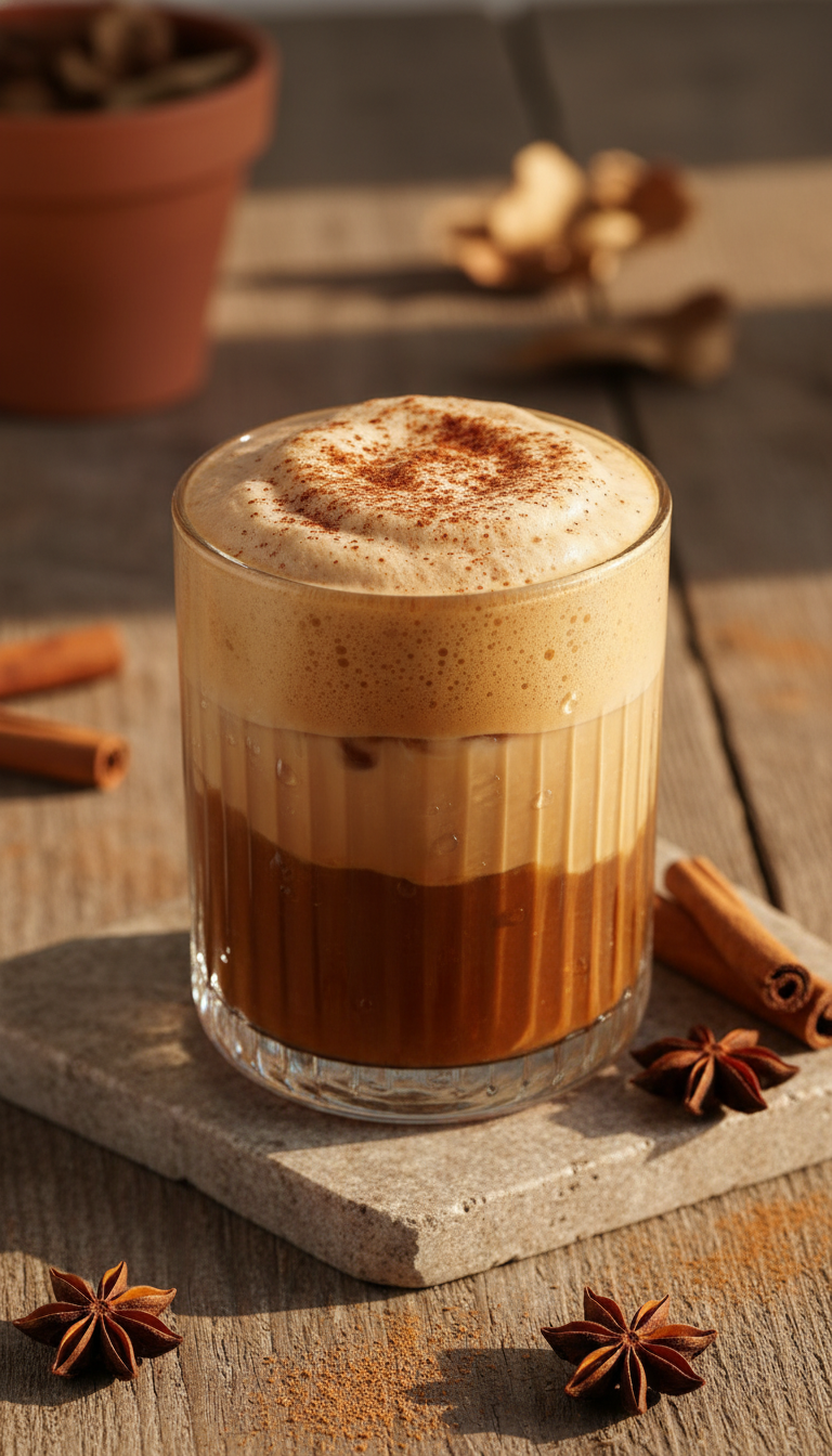 Your Essential Dunkin Hazelnut Iced Coffee Order Guide 17 Creamy hazelnut chai iced coffee hybrid, layered with cinnamon powder on a textured surface with cinnamon sticks.