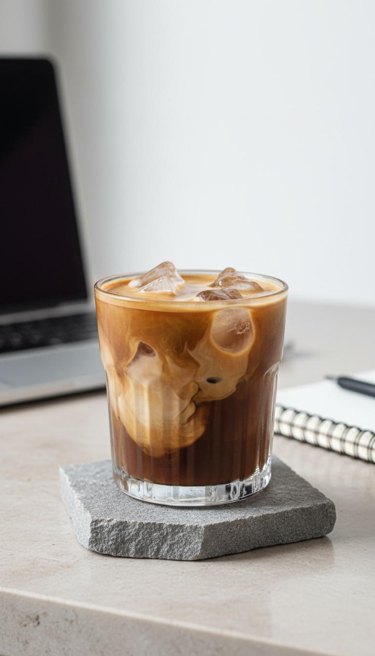 Creamy hazelnut iced coffee with clear ice and layers, on a stone surface with a blurred office desk and laptop. Keto friendly.