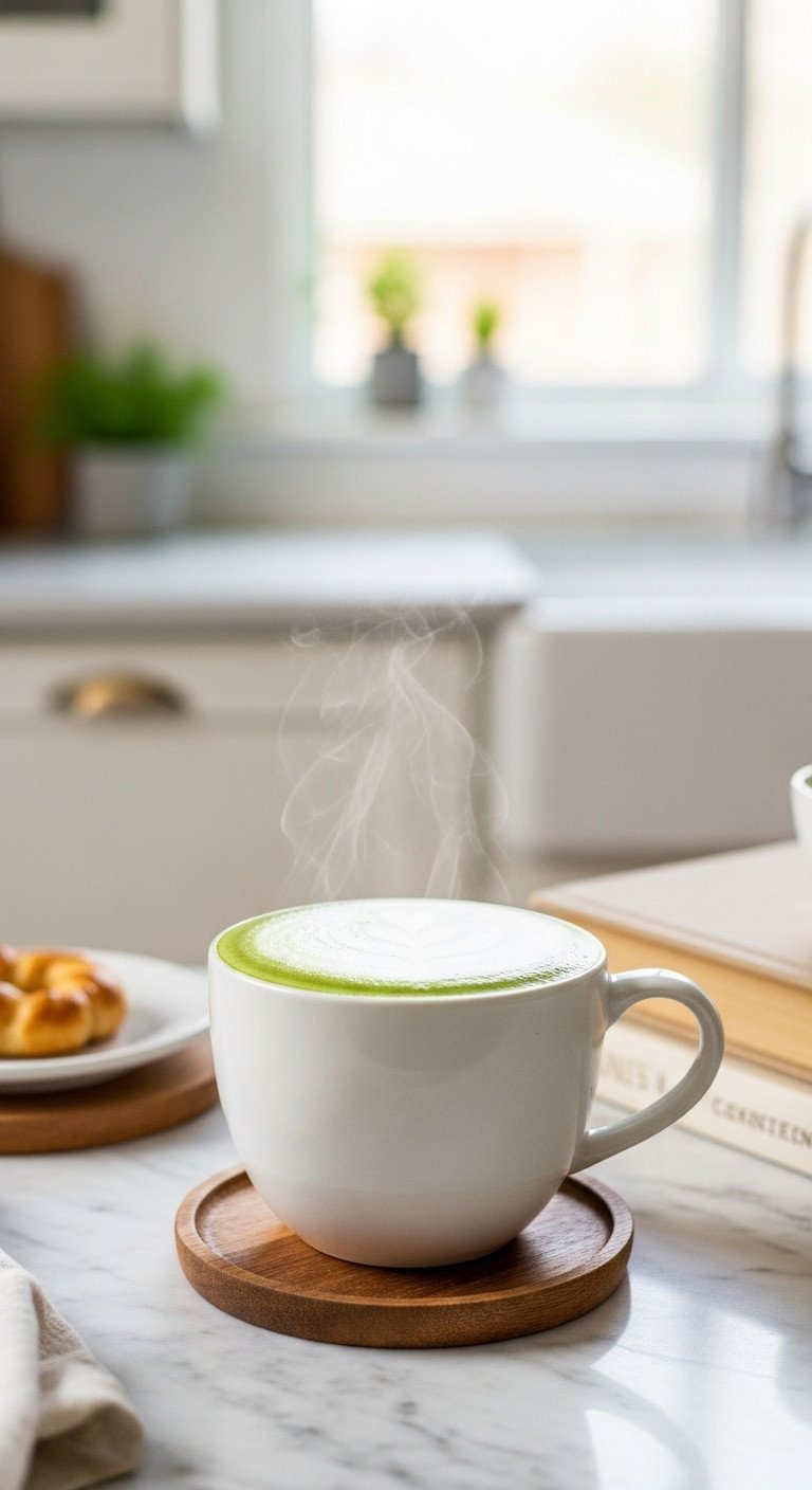 Matcha Latte Recipe The Secret to Non-Bitter Clump Free Smoothness 9 Creamy hot matcha latte with microfoam in a ceramic mug on a wooden coaster, next to a pastry and books.