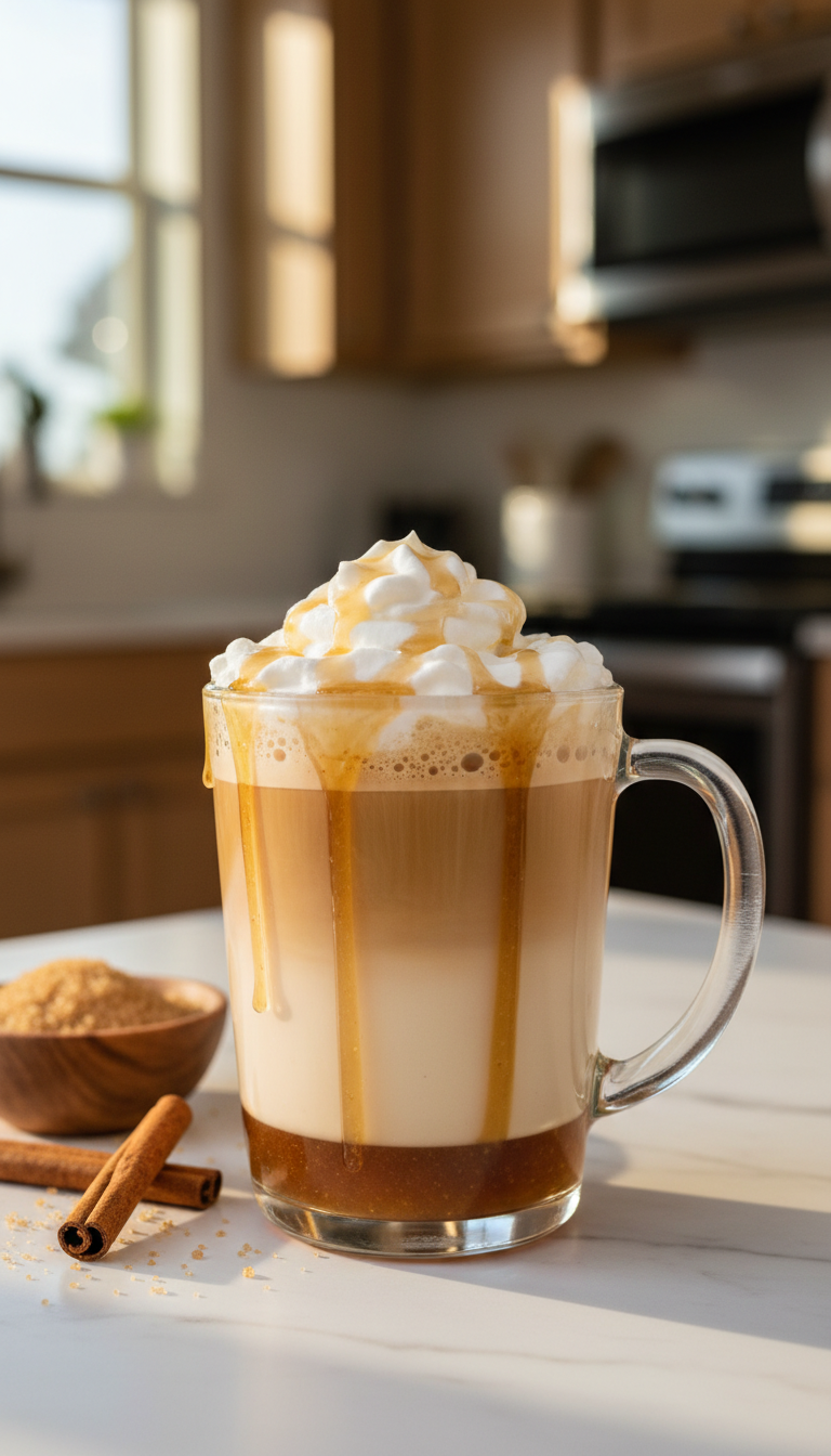 Creamy iced apple brown sugar latte with whipped cream and syrup drizzle in a clear glass on marble.