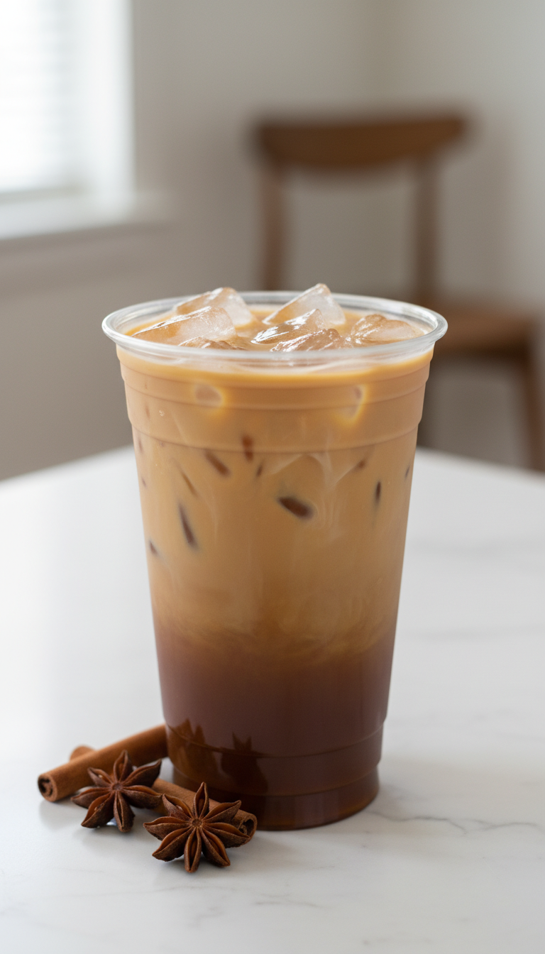 Creamy iced chai latte in a clear cup, with distinct layers of ice, milk, and bold chai. Cozy scene with cinnamon sticks on marble.